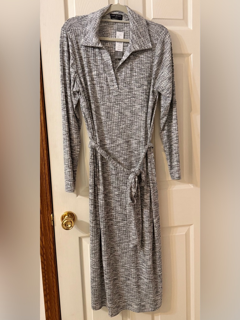 Lane Bryant Heather Gray Ribbed Midi Dress with Tie Waist NWT